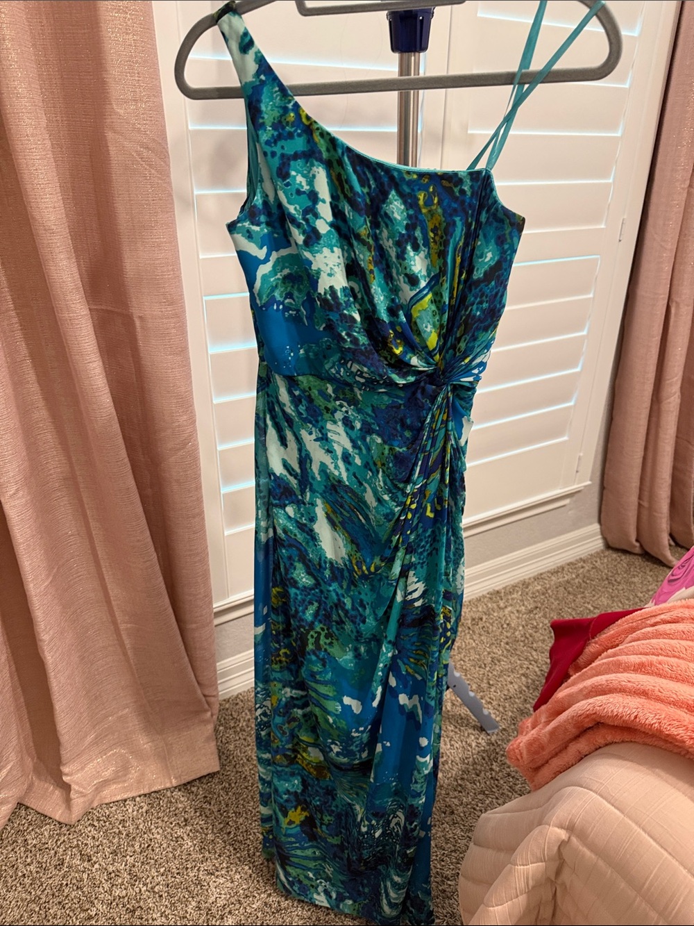 Niteline One-Shoulder Blue Teal Printed Maxi Dress